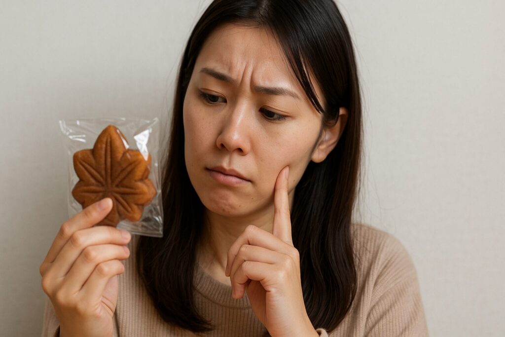 もみじ饅頭をもって食べれるか悩んでいる女性