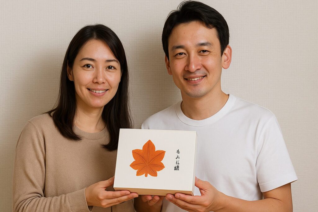 もみじ饅頭を持ってる夫婦