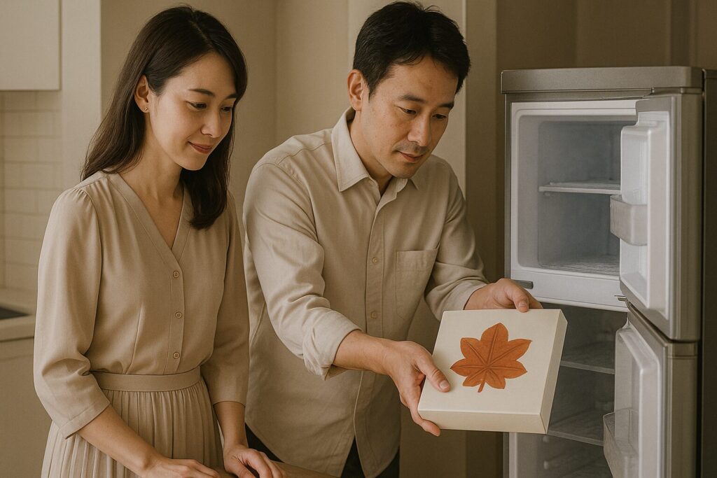 もみじ饅頭を冷凍庫に入れてる夫婦