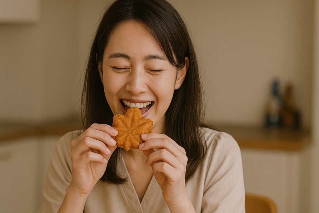 もみじ饅頭を食べてる女性